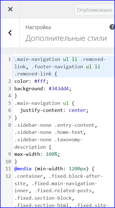 wp_5.3.9 Настройщик: Дополнительный CSS