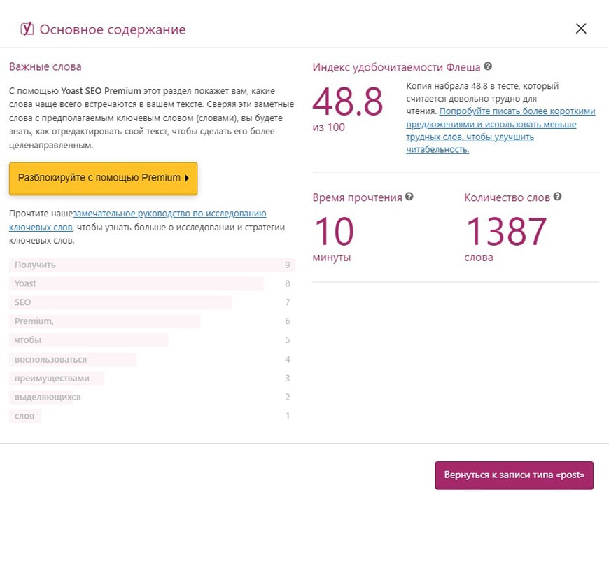 Анализ контента в Yoast SEO для WordPress
